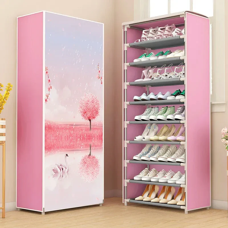 Portable 9-Tier Dustproof Shoe Rack Organizer with Printed Fabric Cover